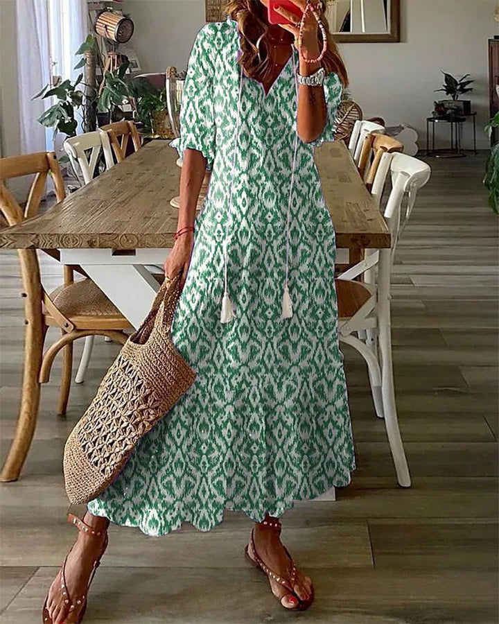 BARILA - V-Neck Geometric Print Maxi Dress