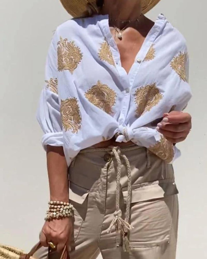 SALMA - Camicia casual ricamata in cotone e lino