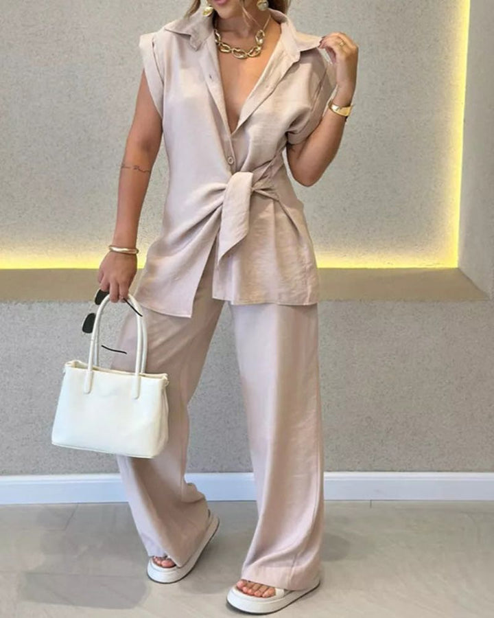 IVELE - Elegante set camicetta senza maniche e pantaloni a vita alta