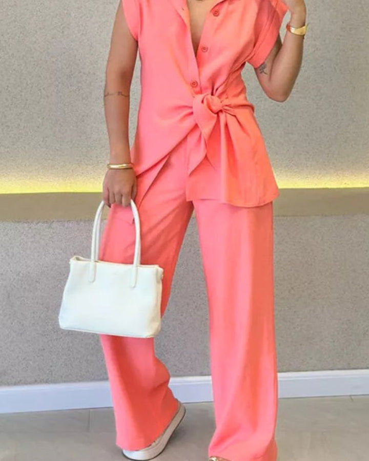 IVELE - Elegante set camicetta senza maniche e pantaloni a vita alta