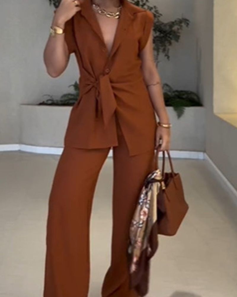 IVELE - Elegante set camicetta senza maniche e pantaloni a vita alta