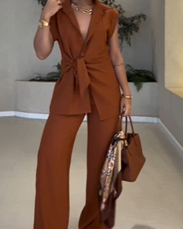 IVELE - Elegante set camicetta senza maniche e pantaloni a vita alta