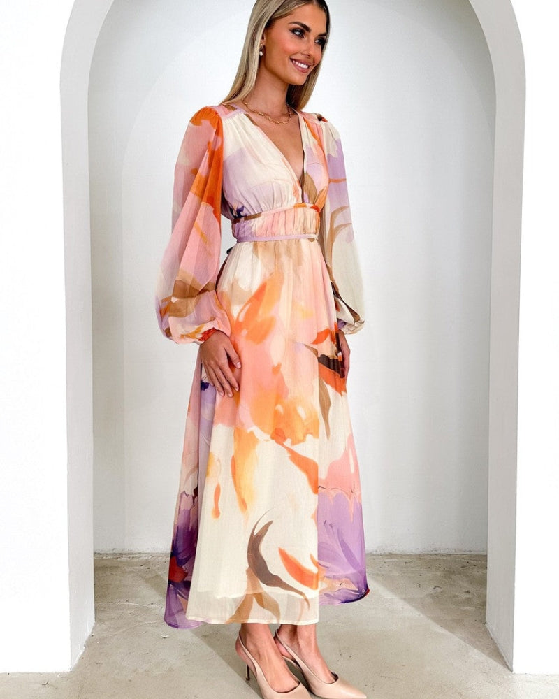 BARONA - Maxi abito chic a maniche lunghe multicolore