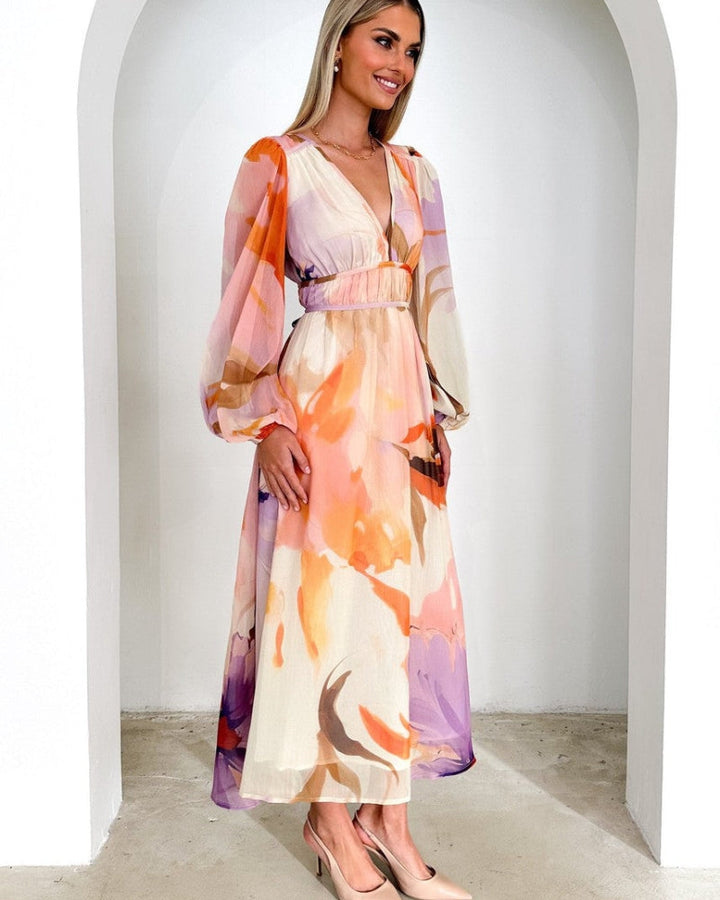 BARONA - Maxi abito chic a maniche lunghe multicolore