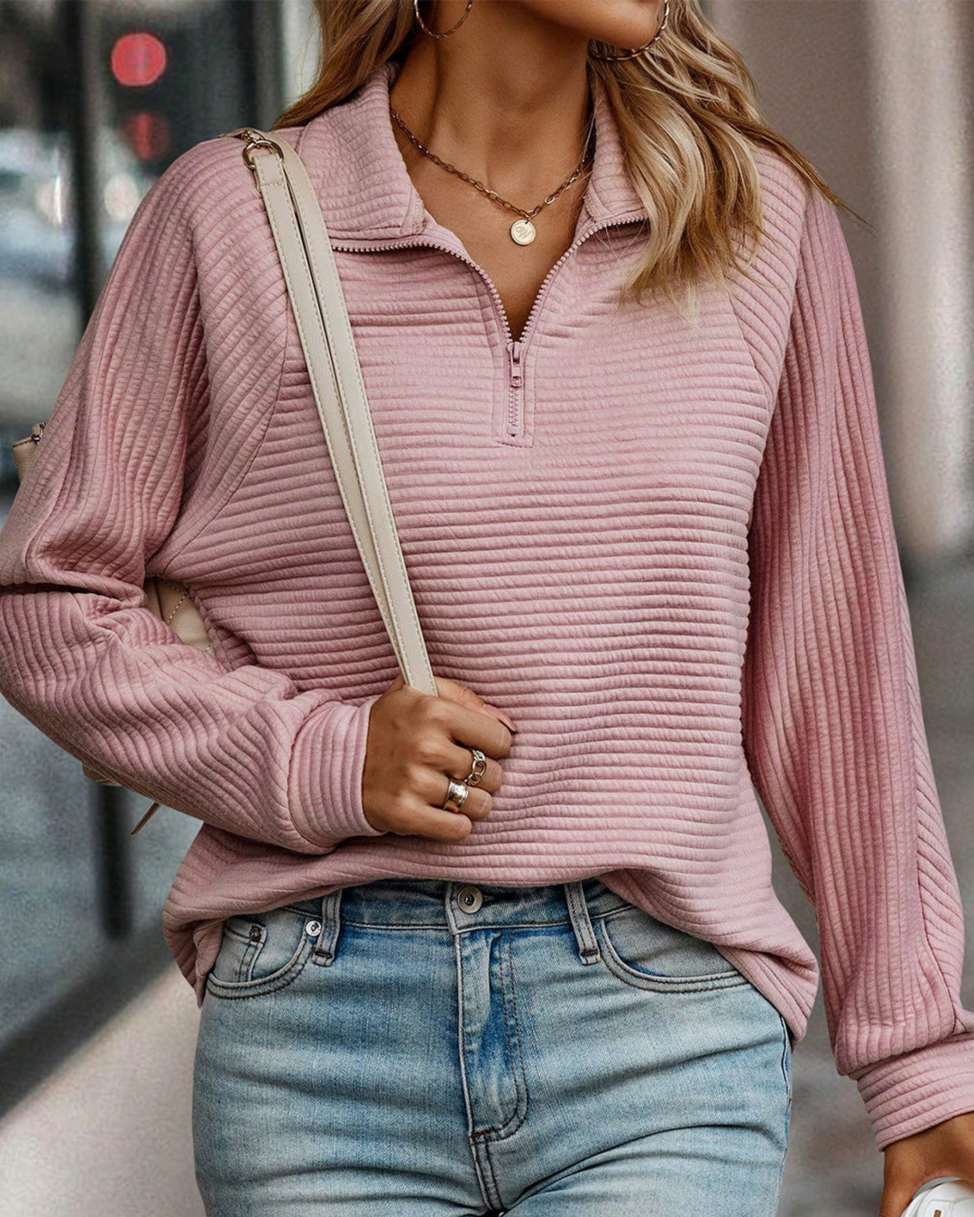 VILA - Gerippte Textur Sweatshirt mit Viertelreißverschluss