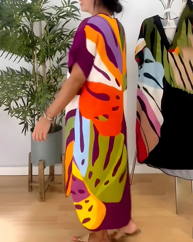NERISA - Abito casual con stampa di foglie colorate