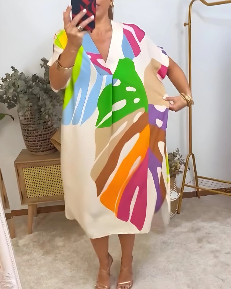 NERISA - Abito casual con stampa di foglie colorate