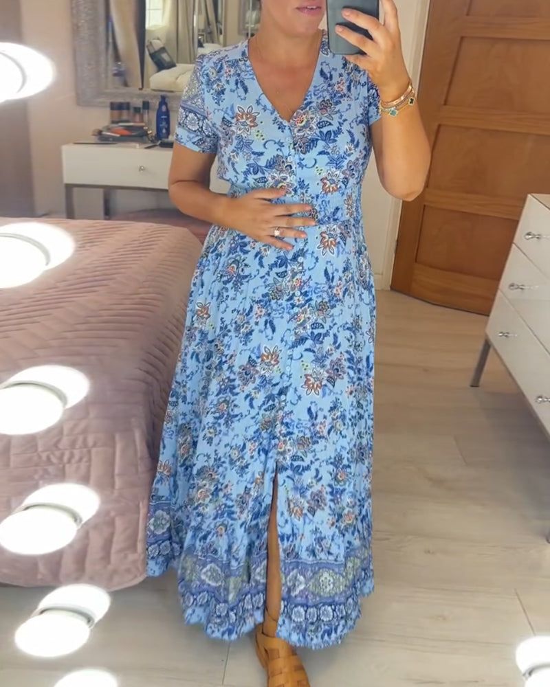 LISIA - ABITO CON SCOLLO A V E STAMPA FLOREALE