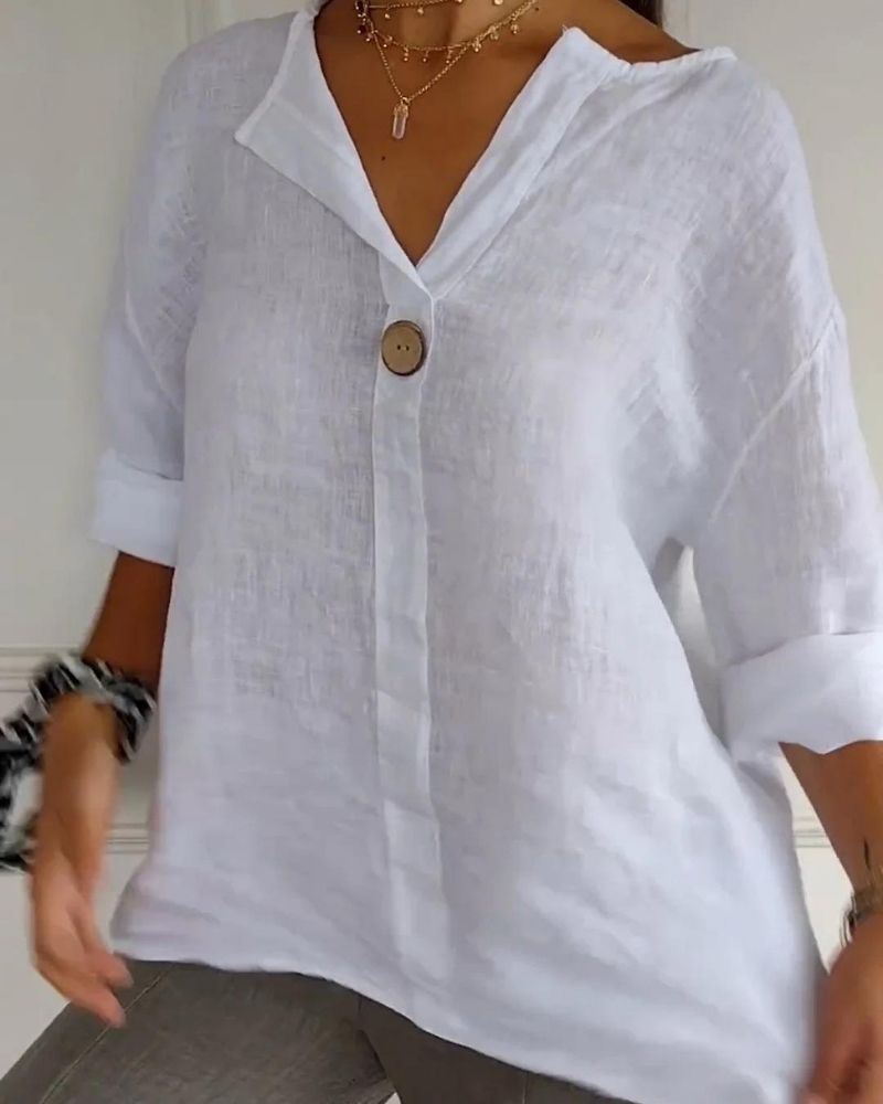 ARAI - Top con collo a V e bottoni in cotone e lino