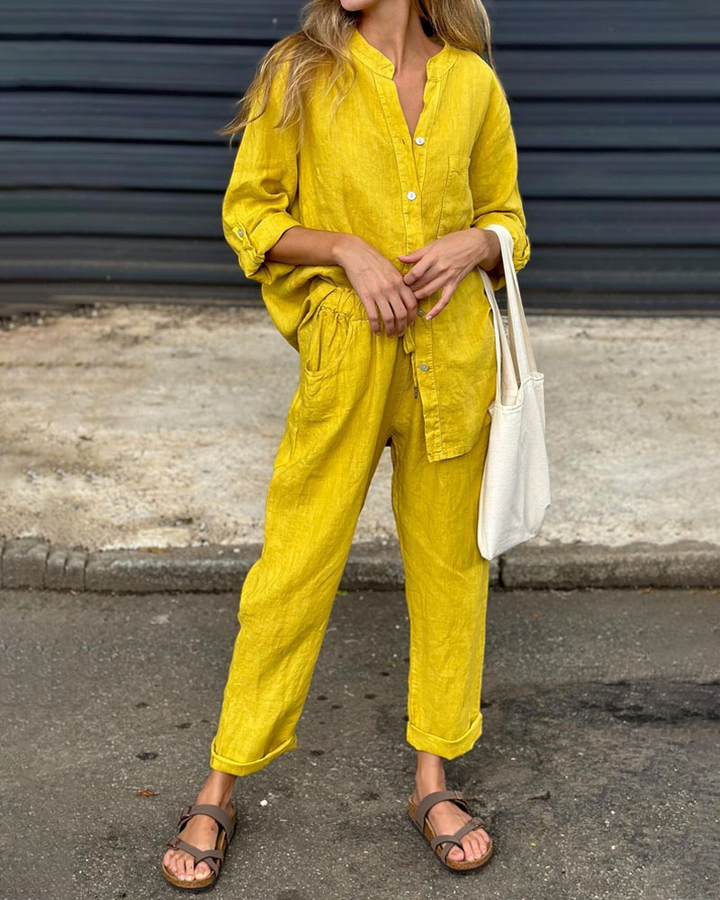 ALAN - Set camicia e pantaloni in cotone e lino con scollo a V