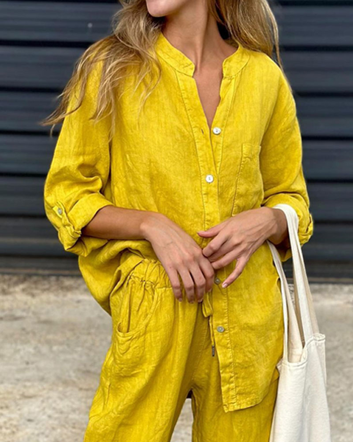 ALAN - Set camicia e pantaloni in cotone e lino con scollo a V
