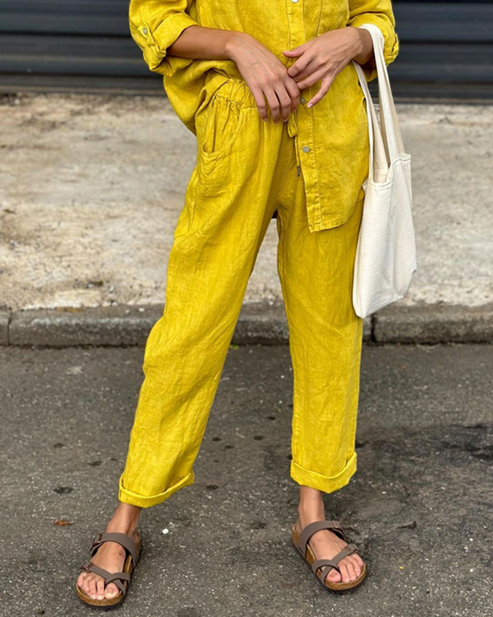 ALAN - Set camicia e pantaloni in cotone e lino con scollo a V