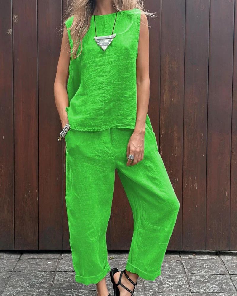 LAUIA - Set gilet e pantaloni senza maniche in cotone e lino