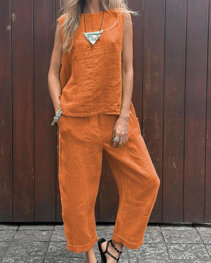 LAUIA - Set gilet e pantaloni senza maniche in cotone e lino