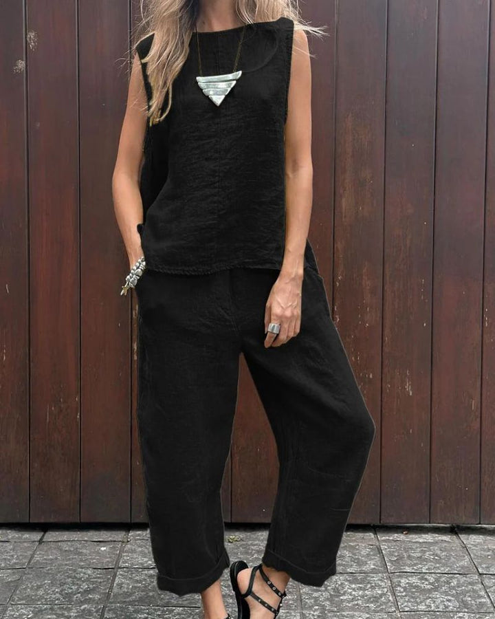 LAUIA - Set gilet e pantaloni senza maniche in cotone e lino