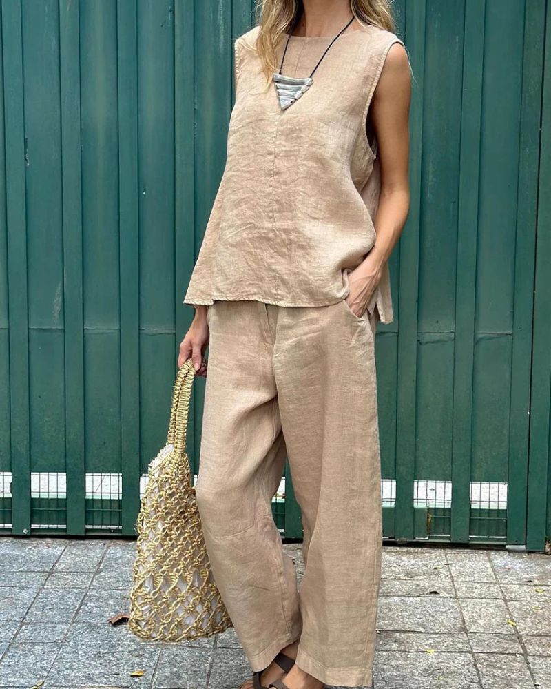 LAUIA - Set gilet e pantaloni senza maniche in cotone e lino