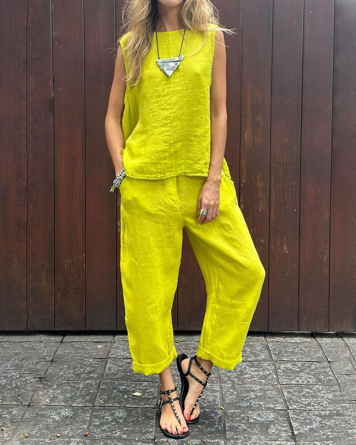 LAUIA - Set gilet e pantaloni senza maniche in cotone e lino