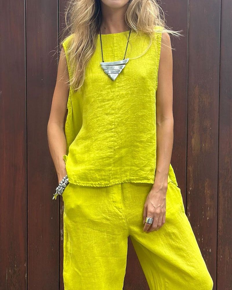 LAUIA - Set gilet e pantaloni senza maniche in cotone e lino