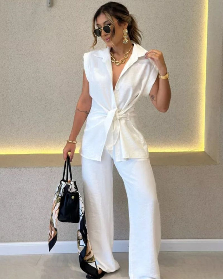 IVELE - Elegante set camicetta senza maniche e pantaloni a vita alta