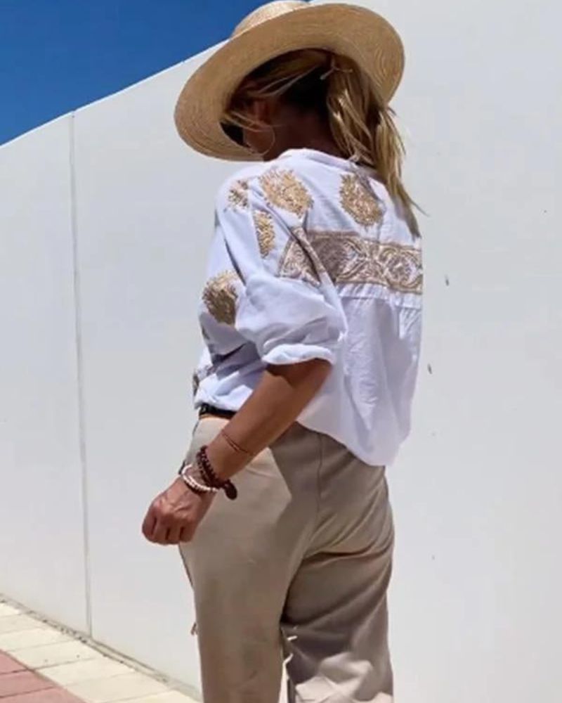 SALMA - Camicia casual ricamata in cotone e lino