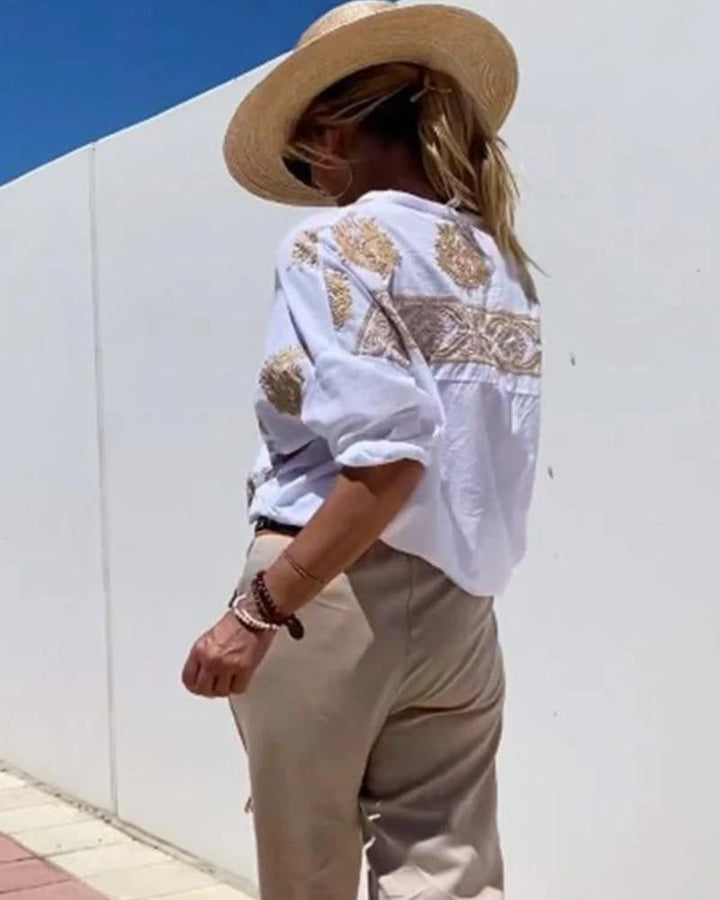 SALMA - Camicia casual ricamata in cotone e lino